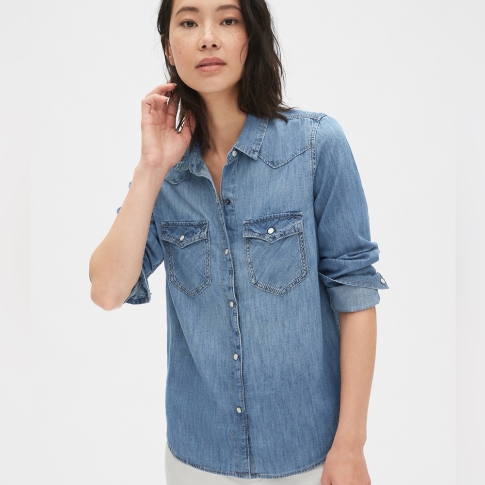 Gap Chambray Denim Western Shirt Pearl Snaps Size XS
